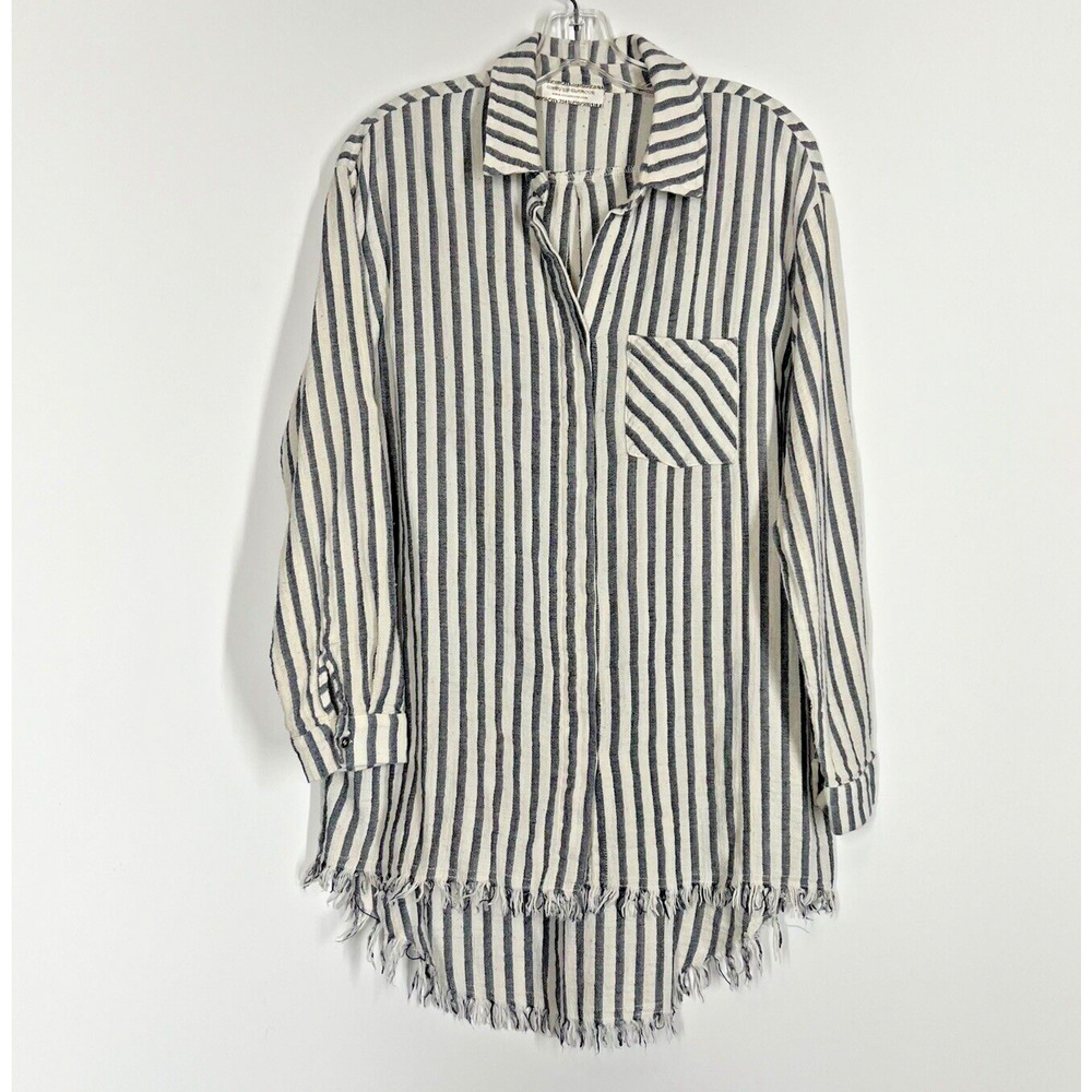 Giddy Up Glamour Tunic Shirt Womens Medium Blue White Striped Fringe Hem Western